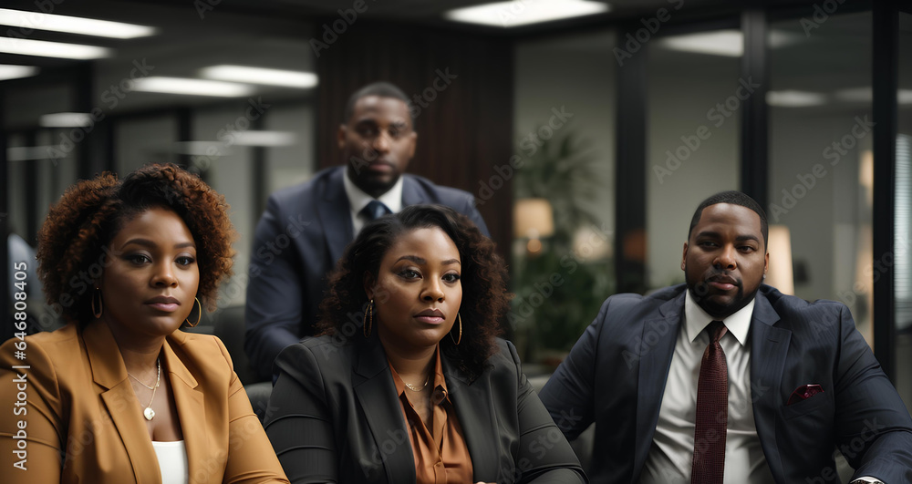 Group of african american business people sitting at table in office and looking at camera. Work at office, business meeting