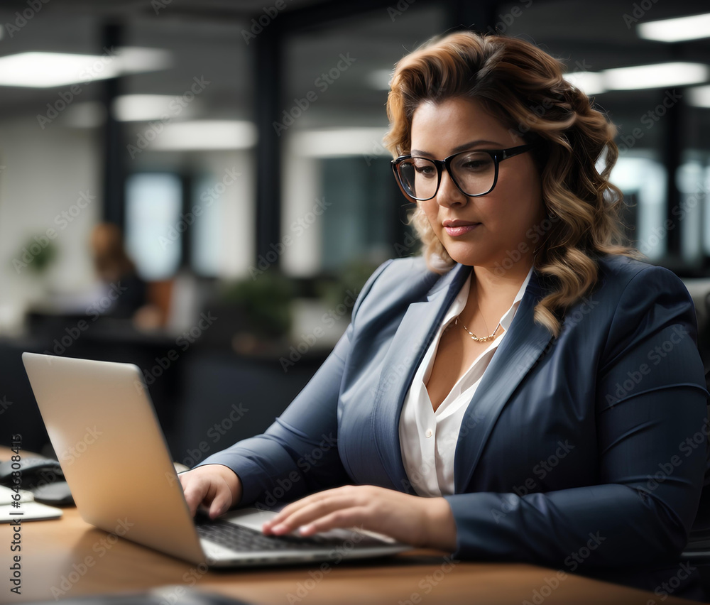 Plus size business woman work on laptop in office. Lady manager in business suit. Office worker Plus size business woman work on laptop in office. Lady manager in business suit. Office worker