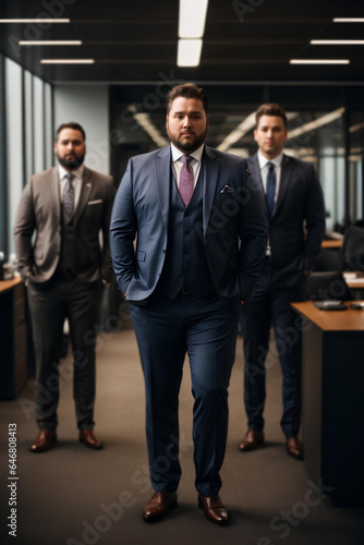 Plus size african american men, business workers in office. Manager in business suit full length 