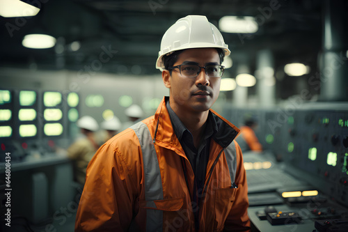 Male engineer in safety helmet and glasses working on factory or electric station
