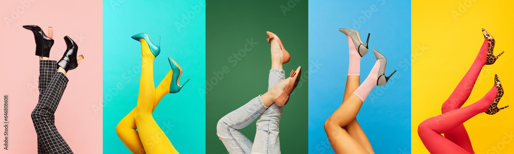 Collage made with female legs in different shoes and clothes on multicolored background. Colorful photography. Concept of fashion, creativity, imagination. Copy space for ad - obrazy, fototapety, plakaty 
