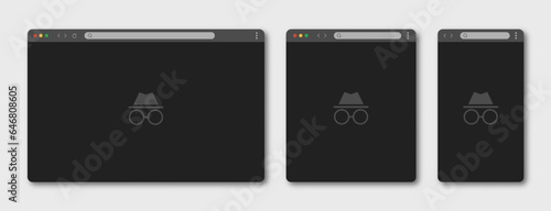 Browser window template set. Incognito mode. Laptop, tablet and phone window. Vector illustration.