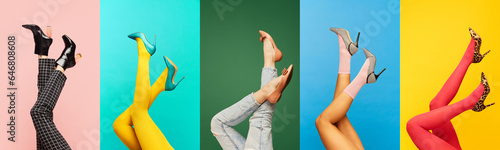 Collage made with female legs in different shoes and clothes on multicolored background. Colorful photography. Concept of fashion, creativity, imagination. Copy space for ad photo