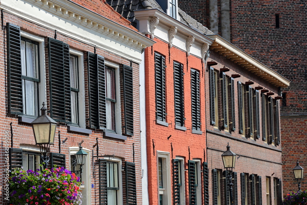 Fototapeta premium Traditional historic medieval houses in the old picturesque town of Doesburg, Gelderland, Netherlands, located on Gasthuisstraat street