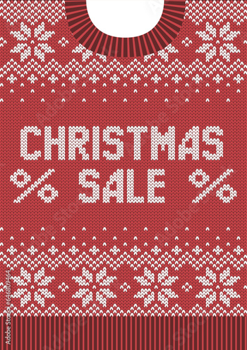 Ugly Red Christmas sweeter with snowflakes. Knit texture. Christmas sale. Vector illustration.