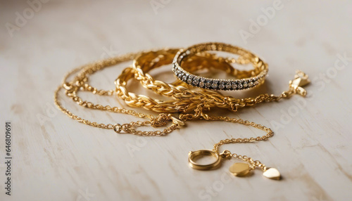 Gold jewelry mix on wood background with copy space