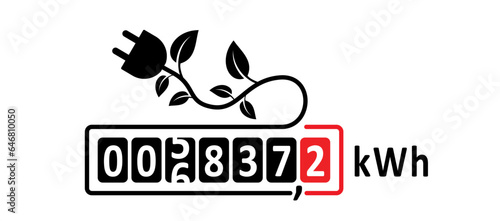 Eco, bio electricity meter counter and leaves. Technology electrical energy icon, counter for distribution domestic current. kWh sign. Measure consumption, control of electric price. Green leaf.