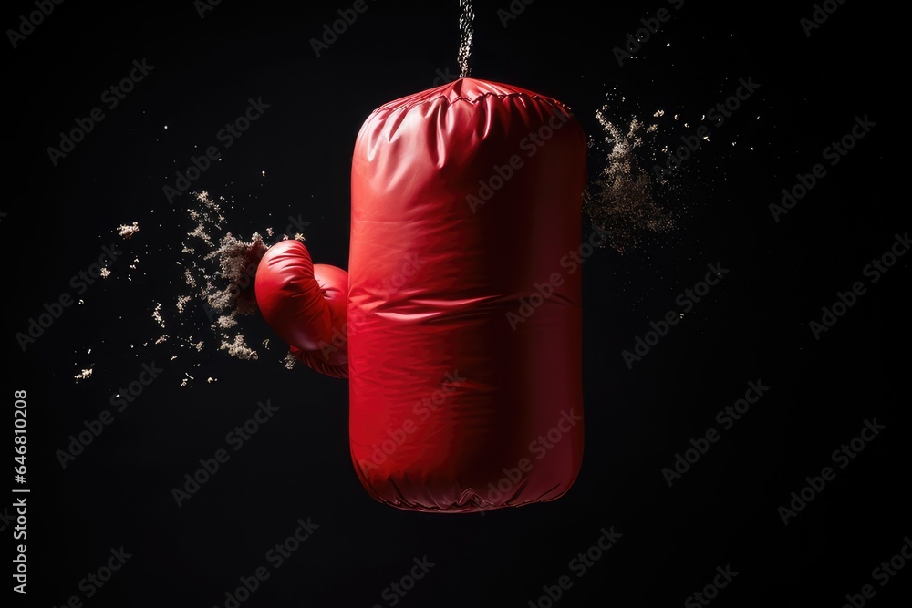 A close-up of a punching bag, being hit by a series of punches. The punches are fast and powerful, and they leave the punching bag dented and torn. The punching bag is a symbol of training  - obrazy, fototapety, plakaty 