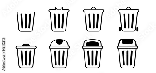 Dustbin, litter basket or litterbin. Clean up and trashcan, Waste bin. Cleaning tools. Container logo or pictogram. Recycle, remove, delete box. Wheelie bin. Garbage bag, container. Recyclable.