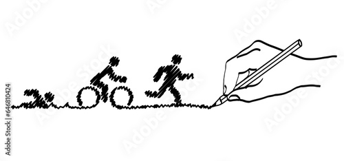 Triathlon line pattern. Triatlon route. Sports for swimming, cycling and running or run, bike and swim pictogram. Funny flat vector activity icon symbol. Triathlete, triathletes race. Competition.