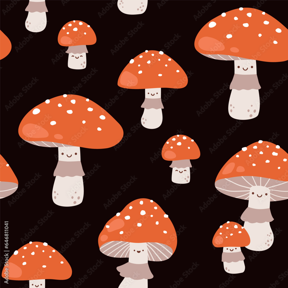 Vector seamless pattern with cute fly agaric mushroom characters on a dark background