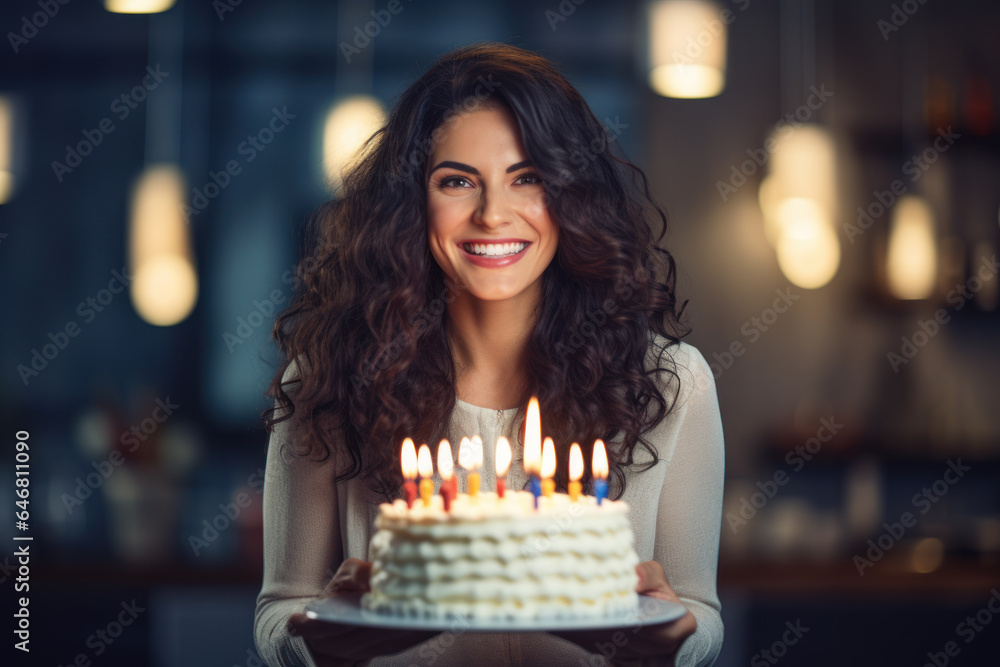 A beautiful forty-year-old woman blows out the candles on her birthday cake. A beautiful forty-year-old woman blows out the candles on her birthday cake.