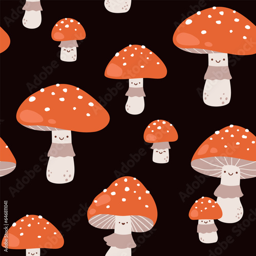 Vector seamless pattern with cute fly agaric mushroom characters on a dark background