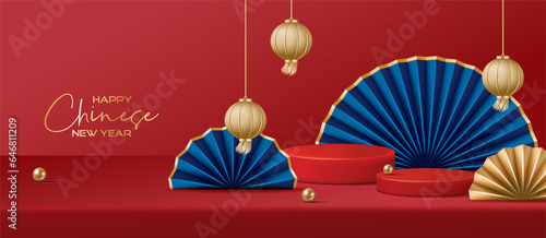 Chinese new year banner for product demonstration. Red pedestal or podium with lanterns and fans on red background.