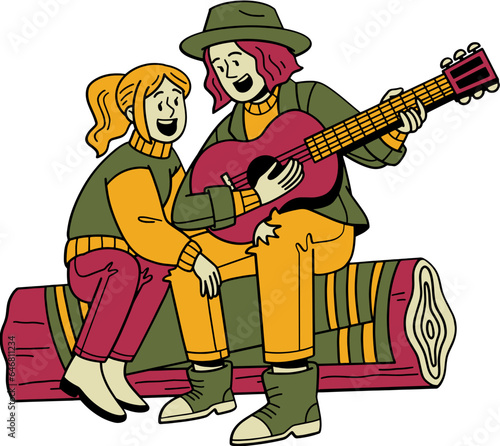 Romantic lesbian couple playing music illustration