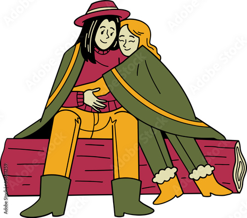 Romantic lesbian couple hugging illustration