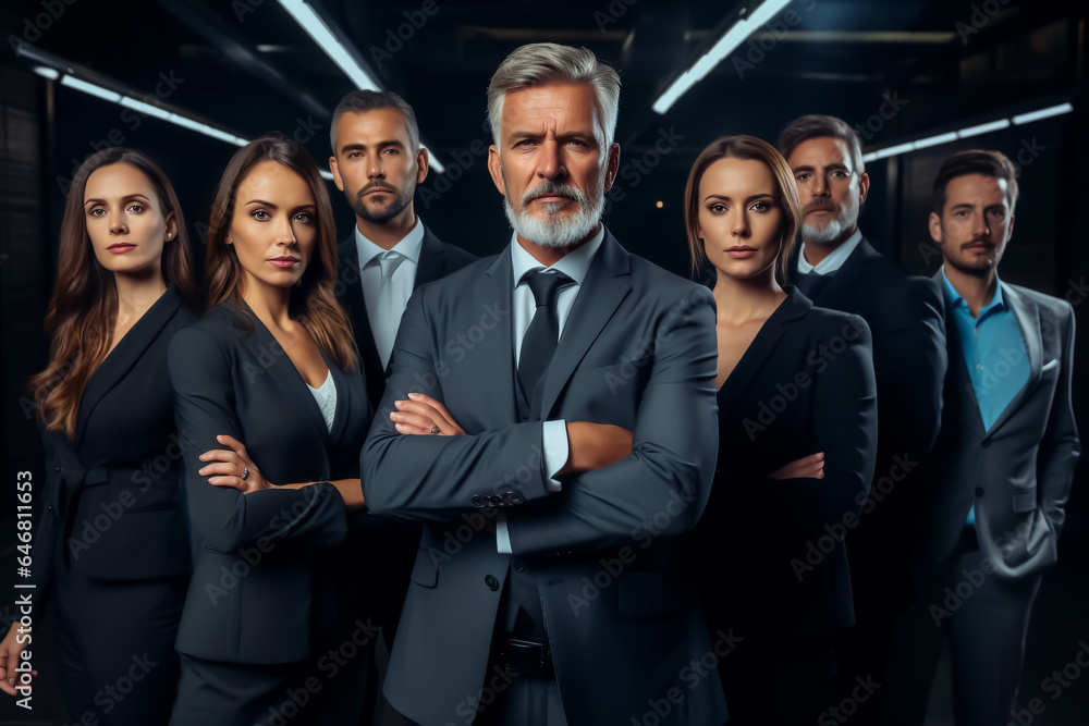 Portrait photos strong business team with leader or boss in front - theme competence, strength and confidence - Generative AI - obrazy, fototapety, plakaty 