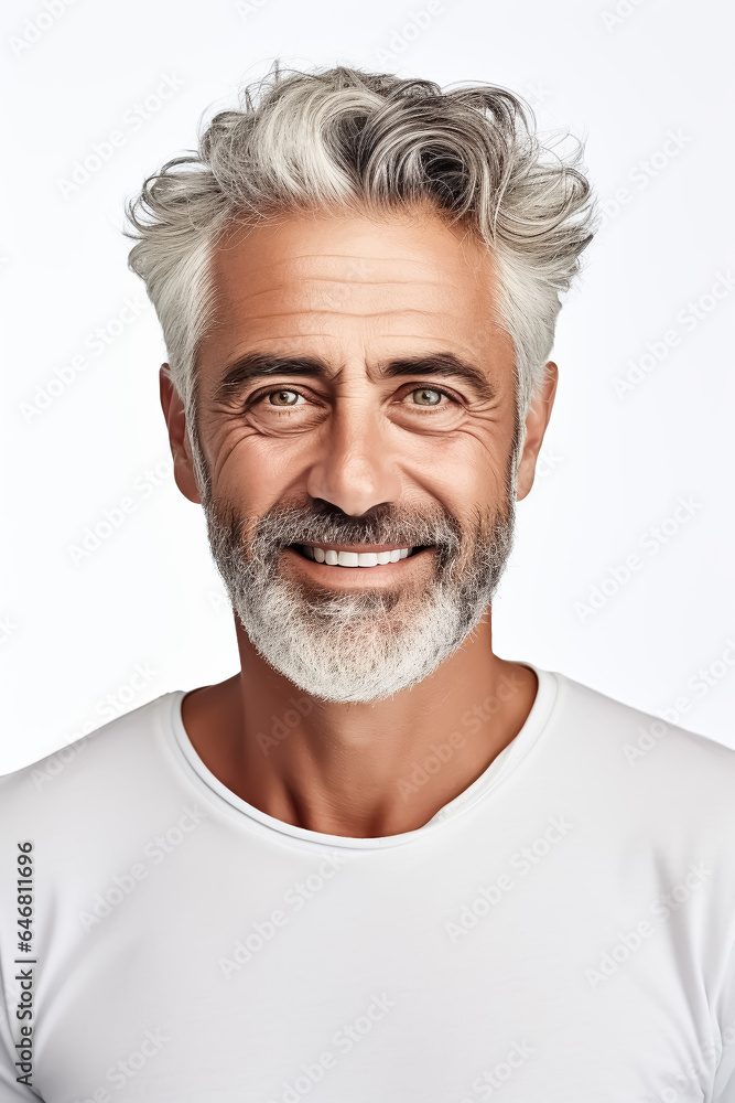 Senior man with gray hair and gray beard and perfect teeth smiles into camera against white background - Generative AI Senior man with gray hair and gray beard and perfect teeth smiles into camera against white background - Generative AI