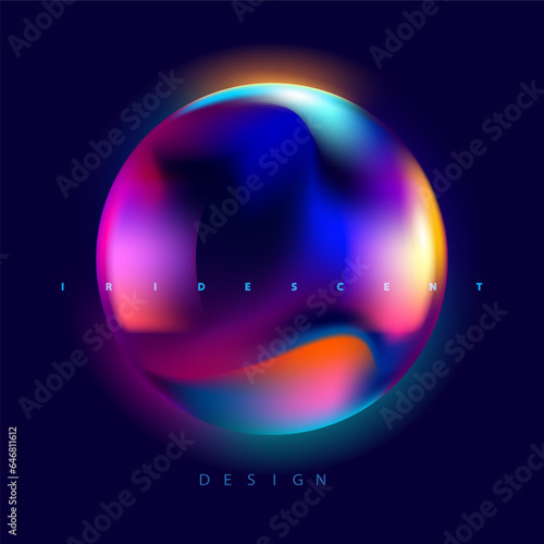 Fluid 3D sphere. Iridescent colorful ball on dark background. Abstract geometric shape for your design.