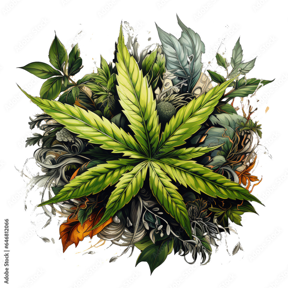 Obraz premium A thought-provoking marijuana leaf t-shirt design exploring the duality of nature and perception, showcasing a cannabis leaf split down the center - one half in realistic detail, Generative Ai