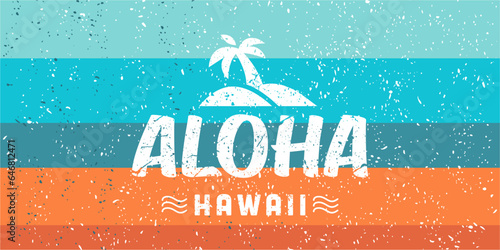 Aloha and palm trees in island with beach colors retro vector image. holiday island vintage rustic print poster