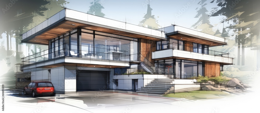 Contemporary architectural sketch in for a house project.