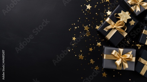 Top view of black background decorated with gift boxes and golden confetti. Black Friday poster or banner with copy space. AI Generated. © ShniDesign