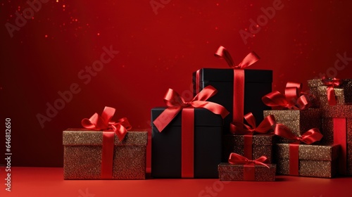 Set of black gift boxes isolated on a red background. Black Friday poster or banner with copy space. AI Generated.