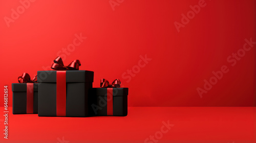 Set of black gift boxes isolated on a red background. Black Friday poster or banner with copy space. AI Generated. © ShniDesign
