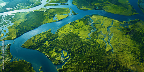 Top view of a river landscape between forests