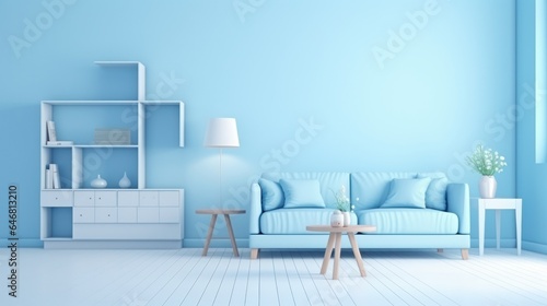 Stylish minimalist monochrome interior of modern cozy living room in white and pastel blue tones. Trendy couch, commode, wall shelves, coffee tables. Creative design. Mockup, 3D rendering. © Georgii
