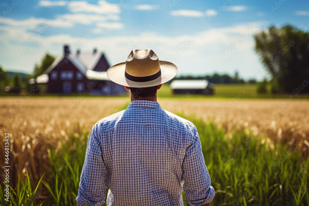 back view of a farmer with a hat on his field in front of the farmhouse, agriculture