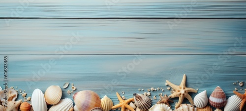 seashells on wood and sand summer, ai