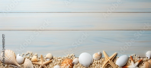 seashells on wood and sand summer, ai