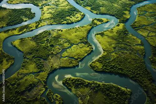 Top view of a river landscape between forests