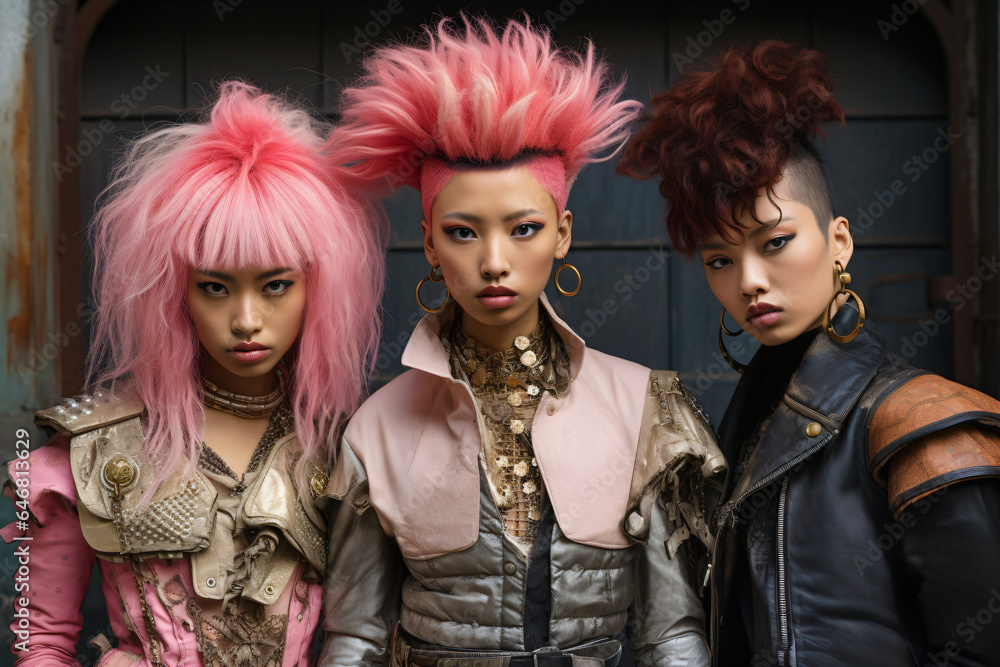 Obraz premium Three Asian Teenage Girls with Crazy Gothic Style