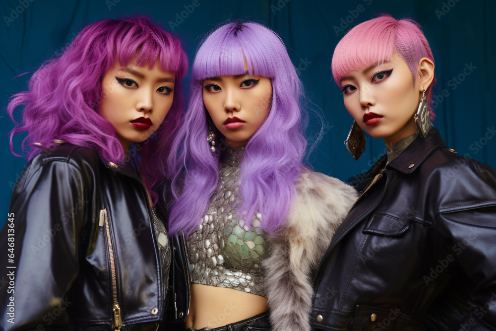 Naklejka premium Three Asian Teenage Girls with Crazy Gothic Style