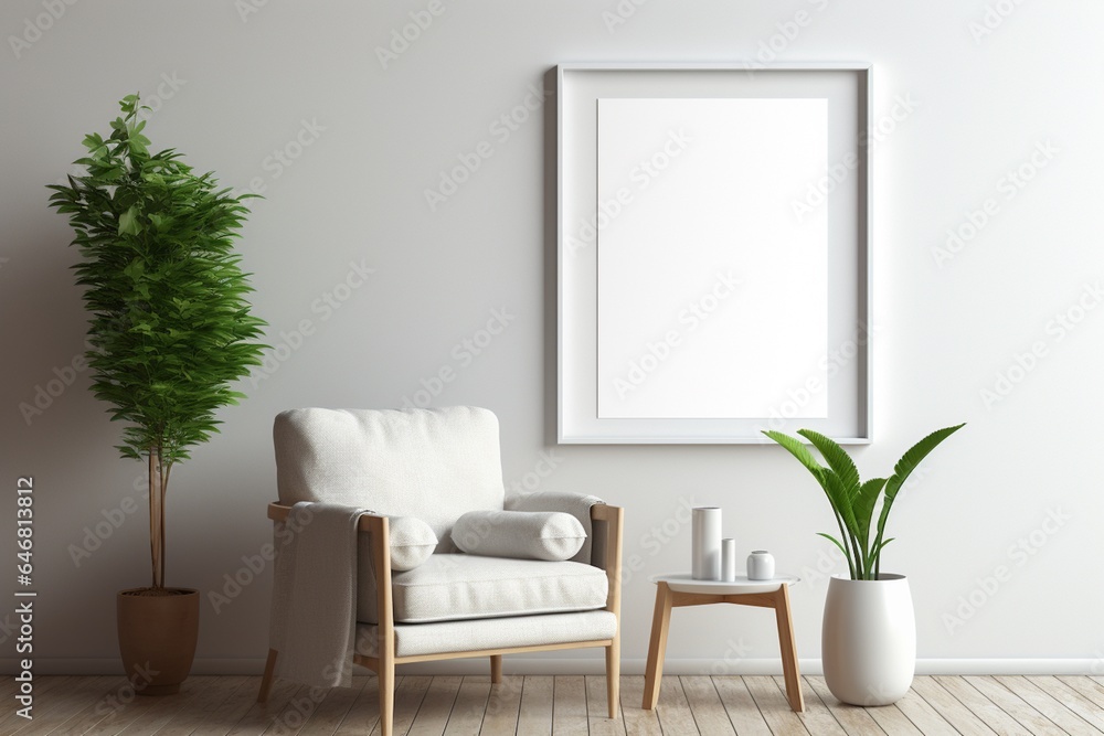 Modern Aesthetic Interior Design with Small Blank Poster Created with Generative AI Modern Aesthetic Interior Design with Small Blank Poster Created with Generative AI