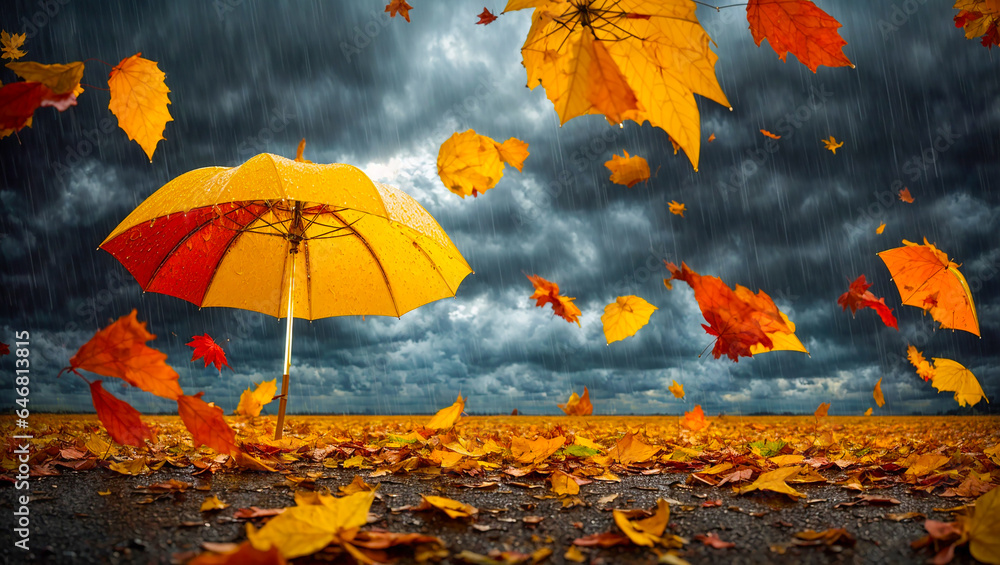 Beautiful umbrella on a background of autumn leaves
