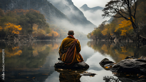 Buddhis is sitting down in meditation pose on nature background