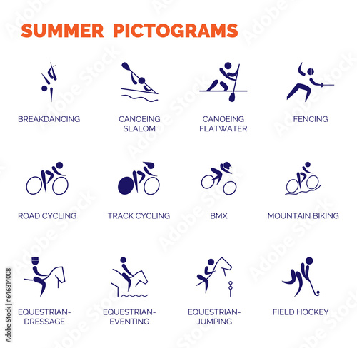 Summer sports icons. Vector isolated pictograms on white background with the names of sports disciplines.