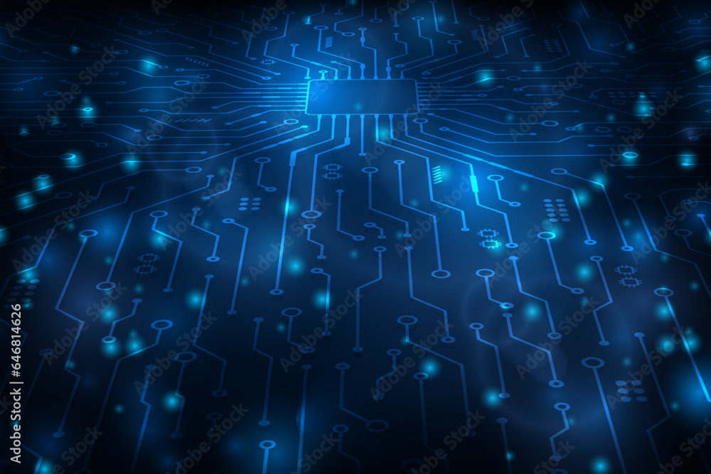 Obraz premium Vector futuristic perspective microchip CPU circuit board blue light. Technology abstract background.