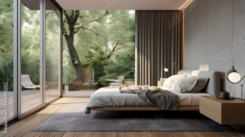 Interior of cozy minimalist bedroom in luxury villa or hotel. Decorative wall, wooden floor, comfortable bed, terrace, floor-to-ceiling windows with garden view. Ecostyle home design. 3D rendering. © Georgii