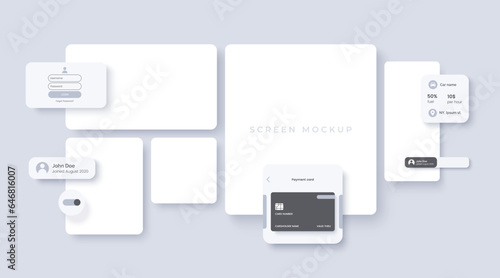Vector mockup to demonstrate the design of a mobile application or website. Blank white screens of different sizes with soft shadow. Background for the presentation of Ux Ui.