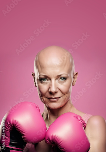 Woman fighting breast cancer with pink boxing gloves, world breast cancer day