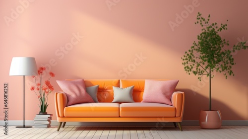Stylish monochrome interior of modern cozy living room in pastel orange and pink tones. Trendy couch with cushions  floor lamp  decorative tree in a pot. Creative home design. Mockup  3D rendering.