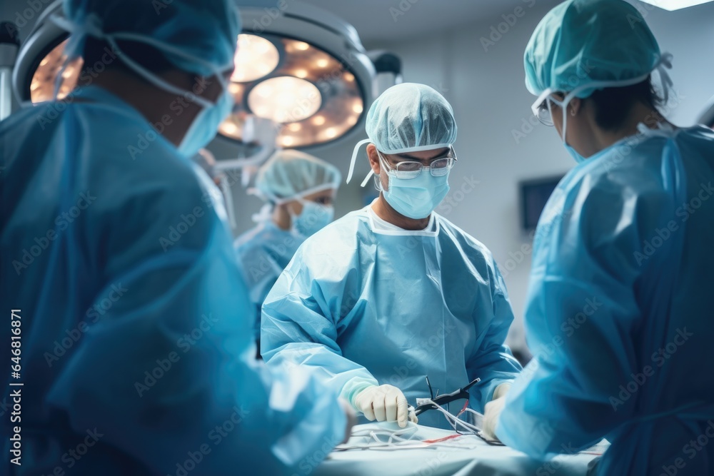 Team of surgeons in the operating room perform surgery on the patient. Team of surgeons in the operating room perform surgery on the patient.