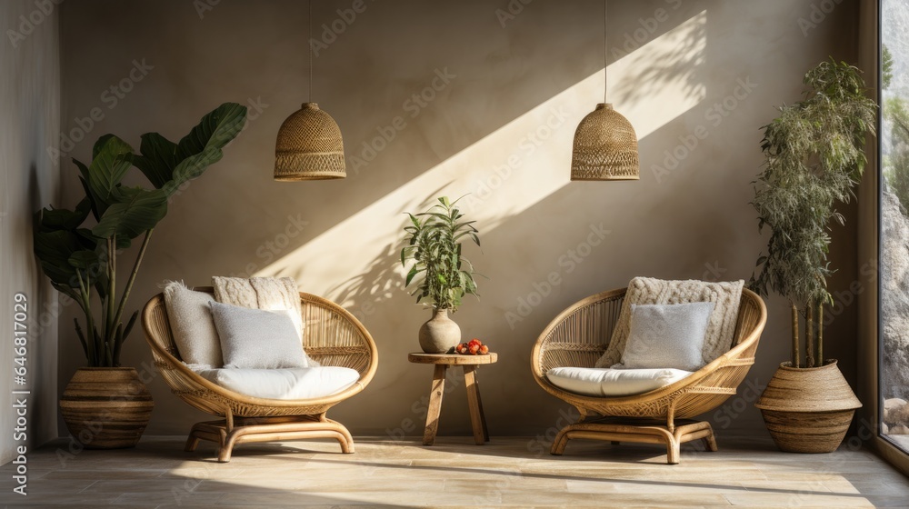 Stylish Rattan Chairs in a Sunlit Minimalist Interior. Stylish Rattan Chairs in a Sunlit Minimalist Interior.