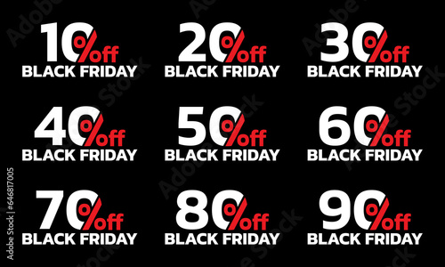 Sale icon or label set. 10,20,30,40,50,60,70,80,90 percent price off or discount badges. Promotion, price tag design element. Vector illustration.