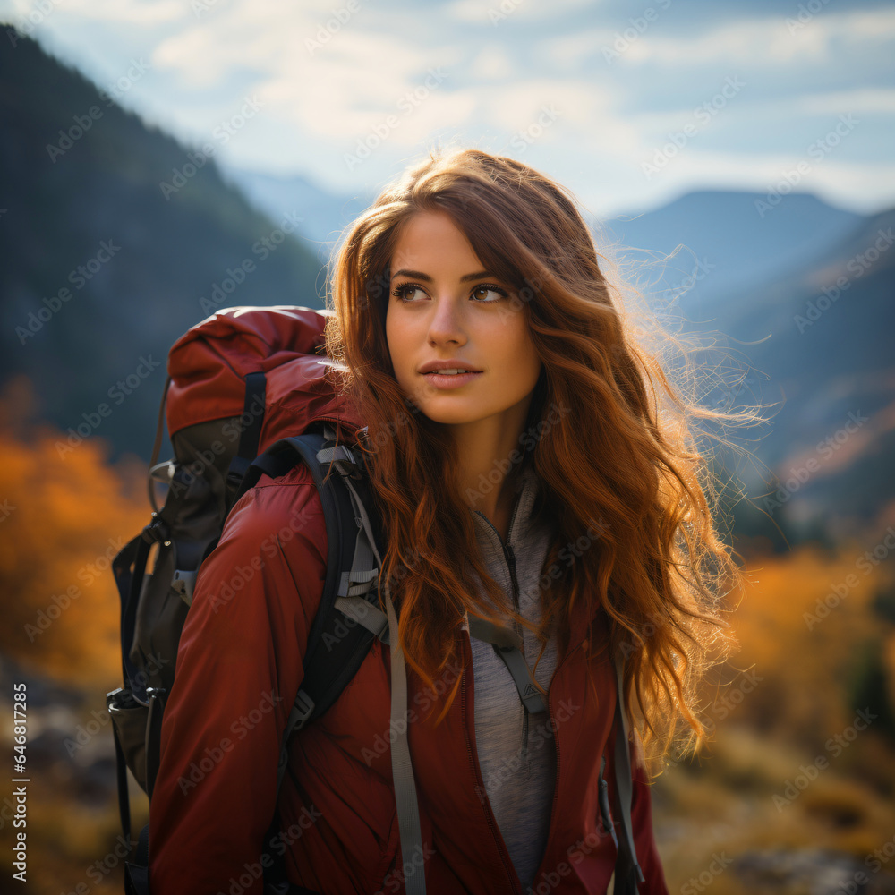 female hiker with red jacket and large backpack
